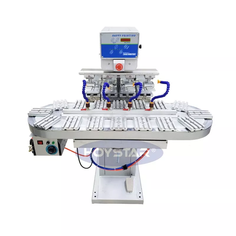 Голям четирицветен тампонен принтер с конвейер